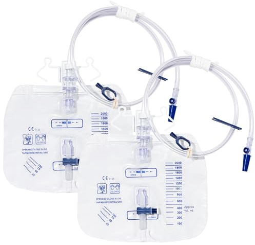 2pcs 2000ml Urine Drainage Bags with Hanger, Sterile Urine Bag with Anti Reflux Chamber, Urinal Catheter Night Bags with T-Tap Valve and 120cm Tube (2)