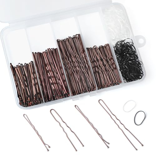 Kiiwah 500 Pièces Pince Chignon Epingle Cheveux Femme, Métalliques Epingle Chignon Kit Petit Elastique Cheveux avec Boîte de Rangement (Marron)