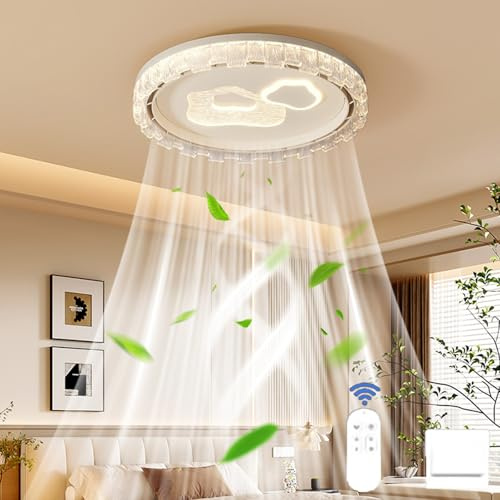 QAZXDRFG Silent Bladeless Ceiling Fan, With Light And Remote, White Modern Enclosed Dimmable Led, Low Profile Crystal Fans Lights, Control Led 6 Speeds For Bedroom Kitchen Living B