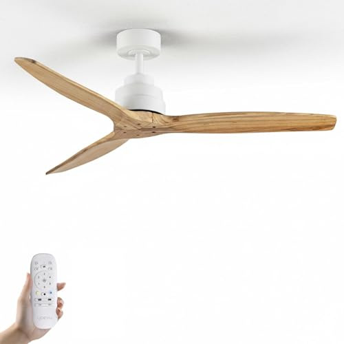 YOEVU HÉLIX - Ventilador de Techo con Mando y Wifi | Compatible con Alexa y App | 30 W | 6 Velocidades | Motor DC | 3 Aspas 132 cm de Diámetro | Modo Verano-Invierno | sin Luz | Madera de Haya