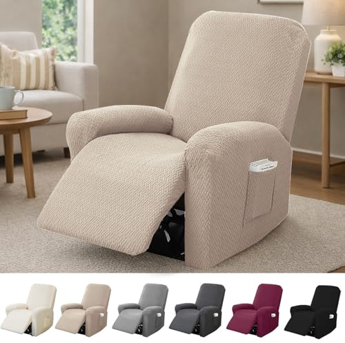 Hengrongshen 1-Sitzer Sessel Überzug, Sesselbezuge Stretch mit Taschen, All-Inclusive Streifen-Jacquard Sesselschoner für Fernsehsessel Relaxsessel Sesselhusse (Taupe, 4-Teilig)