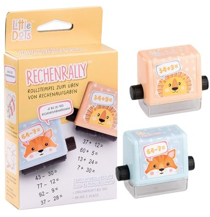 Trodat Little Dots Rechenrally Zahlen Rollstempel, Set Plus/Minus Rechnen | Zahlenroller selbstfärbend, Abdruck schwarz, in Pastellfarben, von Lehrkräften für Schulkinder ab der 2. Klasse Mathematik