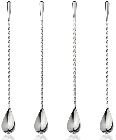 PARFCO 4 cucharas de cóctel largas de 30 cm, cucharas de cóctel de acero inoxidable 304, cucharas de cóctel profesionales con diseño de rosca, accesorios de mezcla de cócteles para bar, hogar
