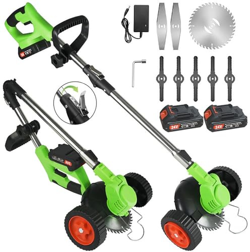 Desbrozadora eléctrica inalámbrica, cortabordes 3 en 1 con Ruedas y 3 Tipos de Cuchillas, desbrozadora/bordeadora/cortabordes Plegable para jardín y Patio.