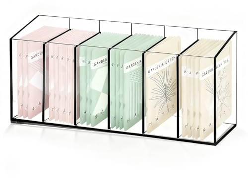 RFYTDCF Plastic Tea Bag Storage, 6 Compartments Drinks Pouches Container with Removable Partition Clear Tea Bag Organiser for Snacks Sweeteners Sugar Pouches Spice Packets