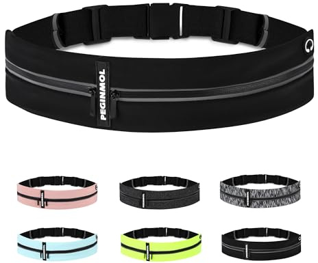 PEGINMOL Laufgürtel für Handy, Handytasche für Laufen Schwarz | Gürteltasche Bauchtasche mit Reißverschluss Lauftasche Fitnessgürtel, Running Belt, Sportgürtel Laufzubehör für Männer Frauen