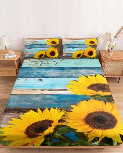 King Fitted Bed Sheets Farmhouse Sunflowers Leaves Brushed Fitted Sheet with Deep Pocket, Soft Microfiber Breathable Bottom Sheet with Pillowcases, Vintage Blue Wood Grain Bedding Sheets
