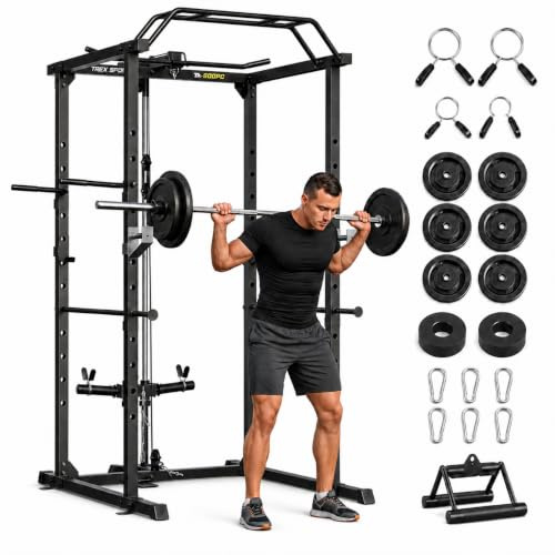 TREX SPORT Power Rack Multipresse mit Latzug Dip-Station bis 120kg TX-500PC | Powerrack mit Latzug oben/unten, Klimmzugstange, Squat Rack & Homegym mit verstellbaren Ablagen, Power Cage