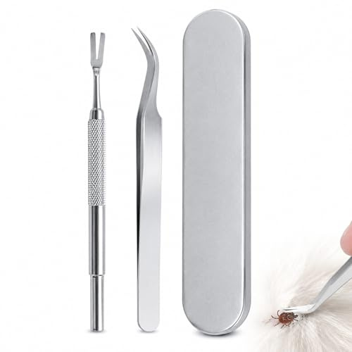Whispern Cloud Pet Stainless Steel Tick Removal Tool Kit with Storage Box | 2-in-1 Tick Remover & Fine Tweezers Set, Portable Metal Case for Dogs, Cats, Outdoor Pet Grooming, Walking & Hiking