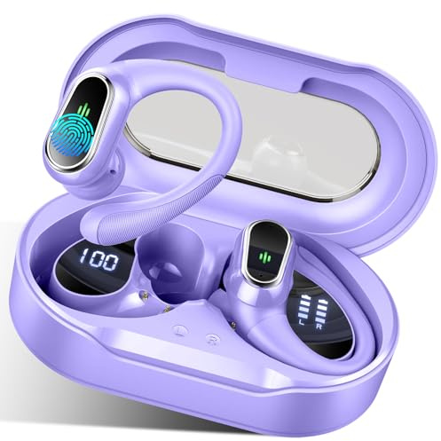 Wireless Earbuds, Bluetooth 5.4 Headphones Sport with ENC Noise Cancelling | 50H Wireless Headphones with Earhooks HiFi Stereo Deep Bass, IP7 Waterproof Bluetooth Earphones for Gym/Running Purple