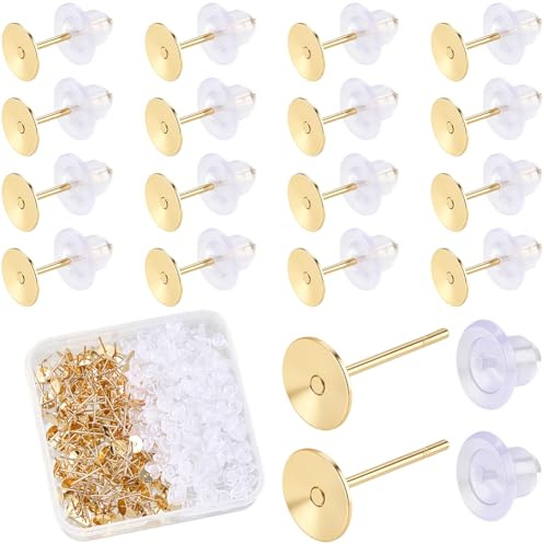 Beebeecraft 200 Pezzo di Perni Piatti per Orecchini Placcati in Oro 24K 304 perni in Acciaio Inossidabile Kit per La Creazione di Orecchini Perni e Chiusure Vuote per La Creazione di Gioielli