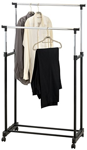 AMOS Heavy Duty Clothes Rail – Sturdy Black Metal Clothing Rack with Double Hanging Rail, Shoe Storage & 4 Hooks – Freestanding Wardrobe Organizer for Bedroom, Office & Retail Display