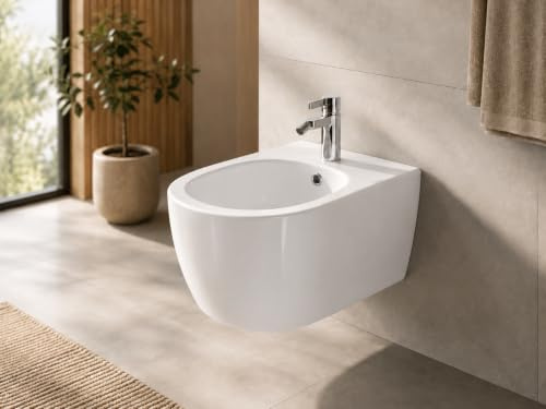SSWW ALPHA Design Hänge Wand Bidet | Bidetbecken zur Wandmontage mit Hahnloch, integriertem Überlauf und kratzfester Oberfläche für Bad und Gästebad