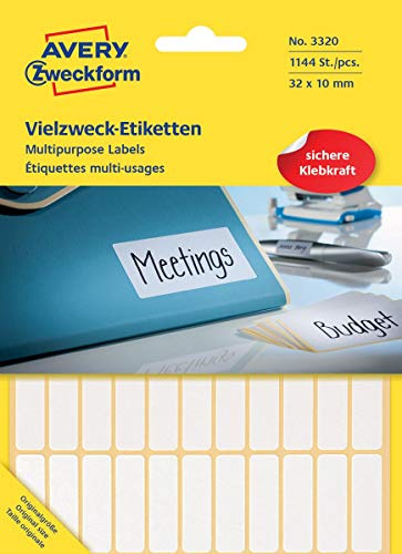 Avery Zweckform 3320 hushållsetiketter självhäftande (31 x 10 mm, 1 144 klistermärken på 26 ark, multifunktionsetiketter för hushåll, skola och kontor för märkning och identifiering) blank, vit