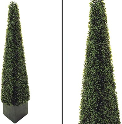 kunstpflanzen-discount.com Künstliche Buchsbaum Pyramide 136cm hoch mit Topf - Buchspyramide künstlich mit standsicheren Topf Künstliche Buxspyramide mit Flair