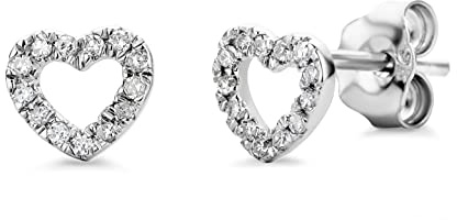 Miore Orecchini Donna Cuore Piccoli a Lobo Diamanti taglio Brillante ct 0.08 Oro Bianco 9 Kt / 375