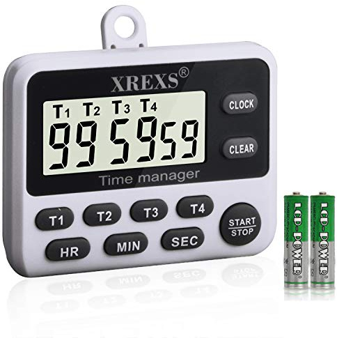 XREXS Minuteur de Cuisine, Minuteur Digital avec 4 Canaux (T1 à T4), Minuteur Cuisine Aimanté, Timer avec Horloge, Écran LCD et Alarme, avec Dos Magnétique, Support Pliable (Batterie Incluse)