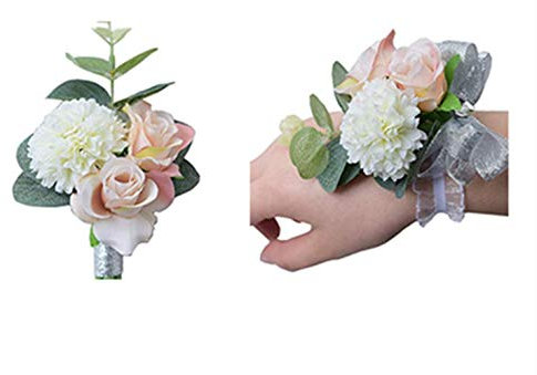 Fouriding Braut Blumenarmband and Bräutigam Boutonnièr Hand Rose Blumen Armband Handgelenk Corsage Boutonniere Wrist Flower Blume für Hochzeiten Packung mit 4 Stück