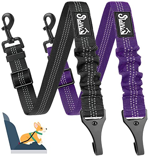 SlowTon Hunde Sicherheitsgurt für Auto, 2 Stück 53-70cm Verstellbarer Anschnallgurt, Gewicht hält bis zu 50 kg, Hundegurt mit Elastischer und Karabiner, für Kofferraum Rückbank Isofix Schwarz+Lila