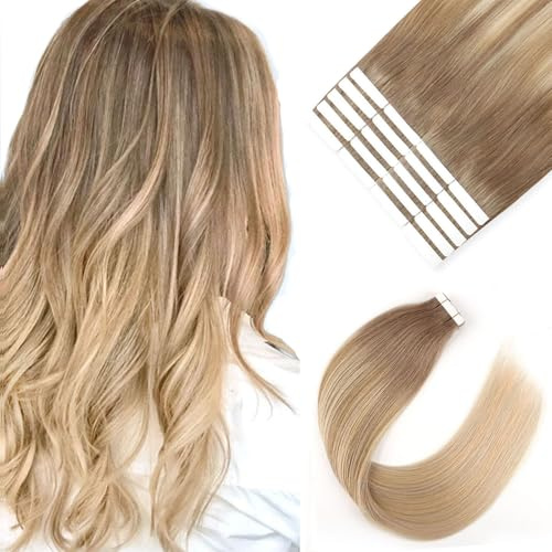 Sixstarhair Tape Extensions Echthaar 35cm 50g 20pcs Tape In Haarverlangerung Kurz Haar Balayage Aschbraun Verblasst Zu Schmutzigem Blond Highlight Aschblond #8/18/60
