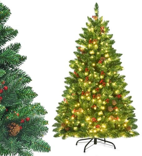 COSTWAY Albero di Natale 135/195 cm con 300/450 Luci Bianco Caldo | Albero Natale con 516/1100 Rami, 32/56 Pigne e 32/56 Bacche Rosse, Base in Metallo, Verde (135cm)