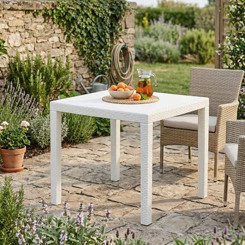 Dmora - Außentisch Agrigento, quadratischer Gartentisch, fester Couchtisch mit Rattan-Effekt, 100 % Made in Italy, 79x79h72 cm, Weiß