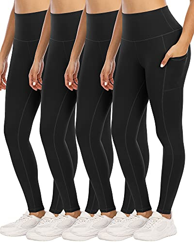 YOUNGCHARM 4 Pack Leggings with Pockets for Women,High Waist Tummy Control Workout Yoga Pants 4Black-M