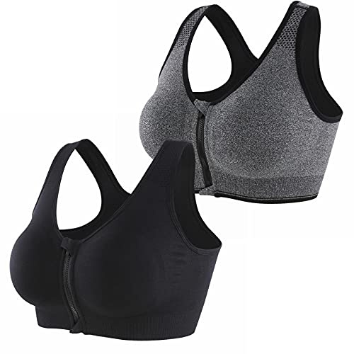CLOUSPO Sports Bra Post Surgery Bra Zip Front Wireless with Removable Pads Yoga Bra for Workout Fitness(XL,Grey+Black)