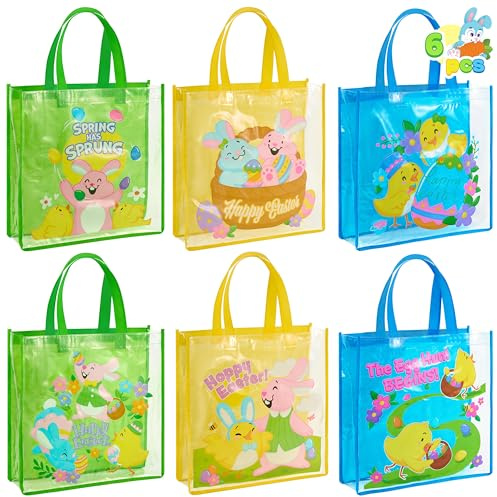 JOYIN 6 Stück Oster Geschenktüten, 33 x 33 x 10,2 cm große Geschenk Taschen mit Griffen für die Ostereiersuche, Wiederverwendbare Osterhasen Tasche für Kinder Partyzubehör
