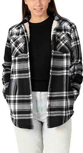 ZENTHACE Damen-Sherpa-Fleece-Futterte Plaid-Flannel-Jacke, Knopfverschluss-Flannel-Hemdjacke (Vollständige Sherpa-Futterung)