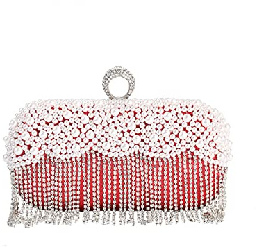 CORIOS Damen Clutch Perlen Strass Fransen Abendtasche Braut Handtasche Abnehmbarer Kette Umhängetasche Elegant Schultertasche für Hochzeit Abendparty Geburtstag Tanzparty Bankett Rot