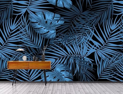 Papier Peint Intissé 3D Feuilles De Bananier Bleu Décoration Murale Muraux Tapisserie Photo Trompe L'Oeil Salon Chambre Art Mural 150(W) X105(H) Cm