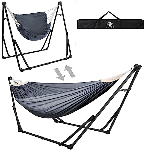 Anyoo Hängematte und Hängesessel mit klappbarem Gestell, tragbares Hängemattengestell Set für den Outdoor/Indoor Garten Terrasse Camping Deck