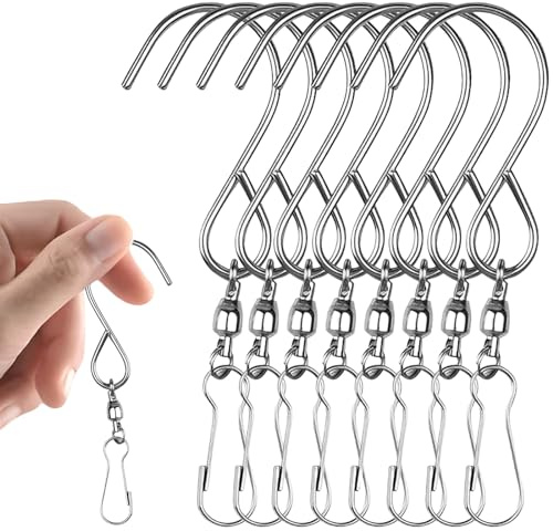 8 Stück drehbarer Haken-Clip, drehbarer S-förmiger Haken, Gartenhaken, winddicht, Edelstahl, drehbare Haken, Clips für Windspiele, drehbar, S-Haken für Blumenkörbe, Vogelkäfige und Party-Ornamente