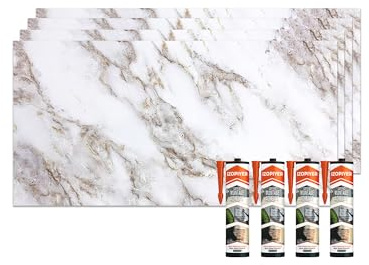 IZODEKOR Marble Look Cladding - 4 Pcs 120x60cm – Panels for Bathroom, Kitchen & Bedroom, Alternative to Tiles, Shower Panels, with 4X Adhesive Sealant | Ice Berg Beige