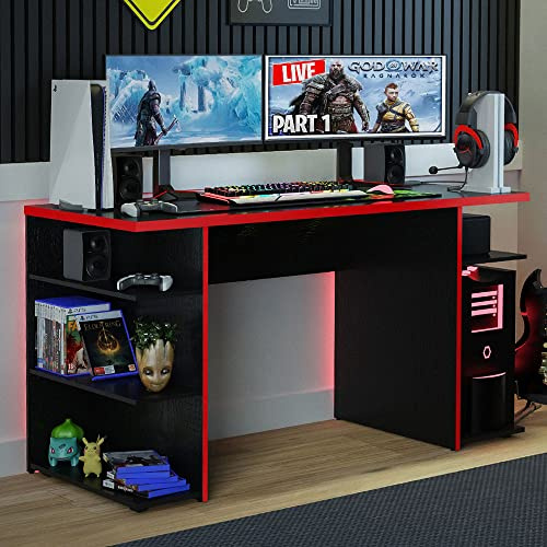 Madesa Scrivania Gaming, Scrivania per Computer, Ufficio e Studio, Postazione di Lavoro, 136 x 60 x 75 cm, in legno - Nero/Rosso