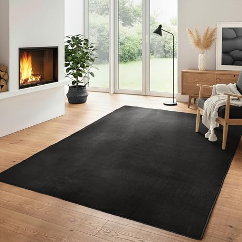 Einfarbiger Teppich Wohnizmmer, Esszimmer, Schlafzimmer, Küchenteppich Waschbar Teppich Schwarz Flauschig Kurzflor Carpet, Größe: 140 x 200 cm