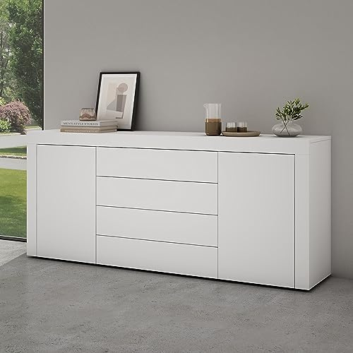Mai & Mai Meuble de Rangement Buffet Commode Blanc Mat 167cm | Casier de Rangement, 2 Portes et 4 Tiroirs, Séparateur Réglable, Placard Salon Salle à Manger, 167x36x70cm, SR03