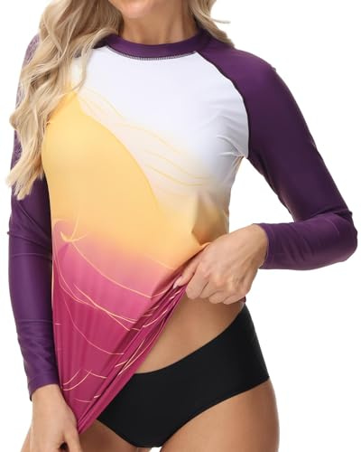 VAYAGER Dam Rash Guard UV-skydd långärmade badtröjor snabbtorkande UPF 50+ vatten strand surfing simning toppar, Lila, M