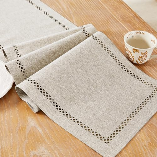 Aoztio Kaffee Tischläufer 120cm lang, Leinen Stil Rustikales Geometrisches Lochmuster Tischläufer für Festessen Urlaub Parteien und täglichen Gebrauch - Kaffee, 120cm