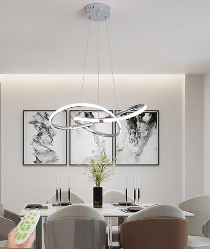 DDYY Modern Pendelleuchte Dimmbare Runde LED Hängelampe Esstischlampe Esszimmerlampe Hängeleuchte mit Fernbedienung Ringe Deckenleuchte Höhenverstellbar Kronleuchter für Wohnzimmer Esszimmer (Chrom)