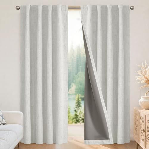 Joydeco 100% Cortinas Opacas 2 Piezas, Lino Cortinas Dormitorio con Pasadores Anti Luz Cortina Termica Aislantes Frio y Calor para Salon（2x260x140，Gris Blanco）