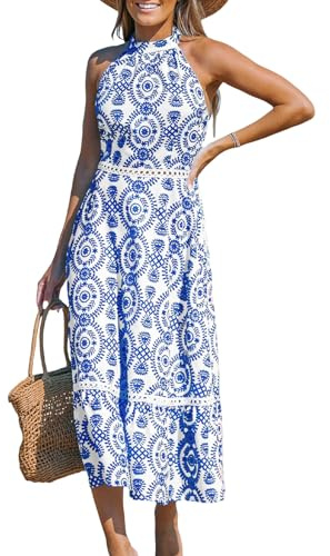 CUPSHE Damen Sommerkleid Ärmellos Neckholder Boho Paisleymuster Rückenfrei Schulterfreies Strandkleid Sommer Elegant Freizeitkleider Maxi Dress Blue Paisley L