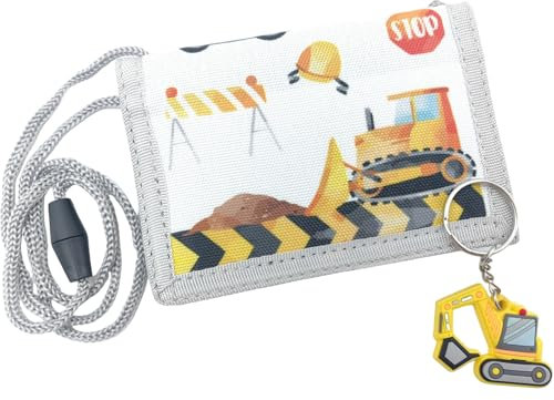 Bikasun Brustbeutel Kinder Baustelle mit Schlüsselanhänger, Geldbörse Geldbeutel für Jungen, Bagger Geldbeutel zum umhängen, Brieftasche Kleine, Weihnachten Geburtstag Geschenk