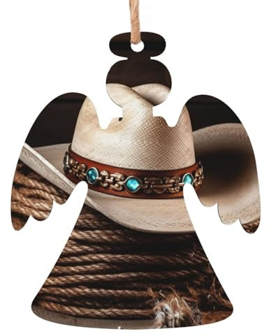 Weihnachts-Holzornamente, amerikanischer West-Rodeo-Hut, Weihnachtsbaum, hängende Engel-Form, Weihnachtsdekoration für Weihnachten, Urlaub, Party, Dekoration, 6 Stück
