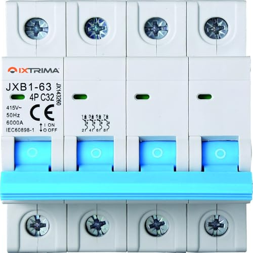 IXTRIMA Interrupteur magnétothermique automatique 4P 32A 380V 6kA MCB C32 occupe 4 modules DIN