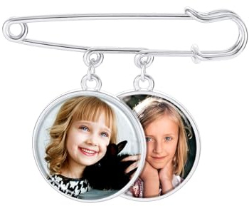 MMXX Personalisierter Gedenkfoto-Anhänger für Frauen Individuelle Boutonniere-Anstecknadel aus Legierung mit 2 Fotos für Hochzeiten/Abschlussfeiern/Andenken (B2: Silber)