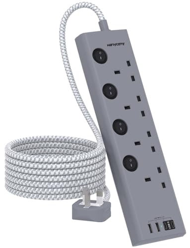 Extension Lead with 4 USB Slots(2 USB C), HANYCONY 4 Way Plug Extension Socket with Individual Switches, 1.8M Extension Cable, Wall Mount, Gray Desk Power Strip for Bedroom Office Accessories