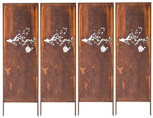 Kapaga - Sichtschutz Metall 4x - 160x50 cm - Edelrost - Rostoptik, Patina | für Garten und Terrasse - Corten, Sichtschutzelement - Sichtschutzwand - Gartendekoration Zaun - Rost (Strauch) (Vogel)