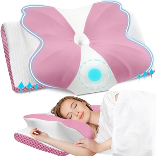 CloudBliss Cervical Memory Foam Pillow for Neck and Shoulder, Contour Neck Support Pillow with Cooling Case, Ergonomic Bed Pillow, Support for Side Back Stomach Sleepers (Pink, Standard Size)